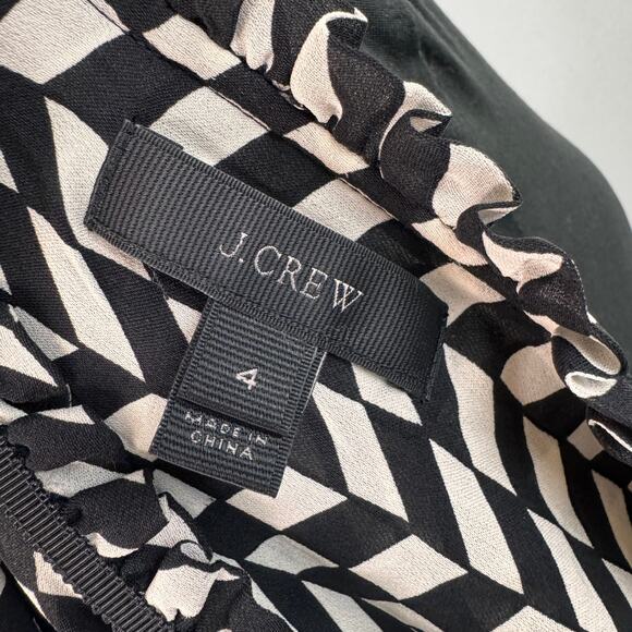 J.Crew Black White Blouse Silk Houndstooth Ruffle Neck Curved Hem Button-Up Sz 4 - Picture 6 of 8